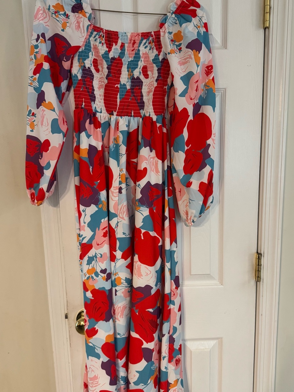 Floral Smocked Maxi Dress in Red, Blue & Pink